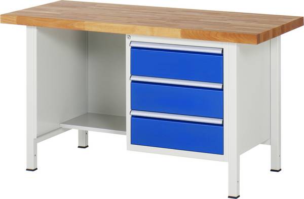 Werkbank Modell 8452,  BxTxH 1500x700x840-1040 mm,  Buche-Massiv Arbeitsplatte 40 mm,  3 Schubladen mit  Auszug 90 %