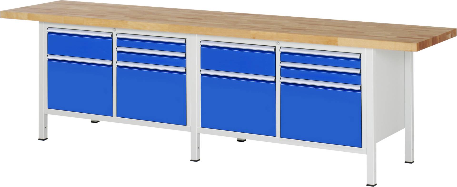 Werkbank Modell 8472, BxTxH 3000x700x840-1040 mm, Buche-Massiv Arbeitsplatte 40 mm, 10 Schubladen mit Vollauszug 100-0