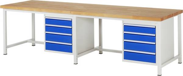 Werkbank Modell 8162,  BxTxH 3000x900x840 mm,  Buche-Massiv Arbeitsplatte 40 mm,  8 Schubladen mit  Auszug 90 %