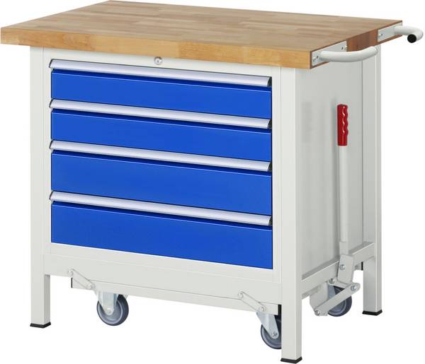 Absenkbare Werkbank Modell 8262,  BxTxH 1000x700x880 mm,  Buche-Massiv Arbeitsplatte 40 mm,  4 Schubladen mit  Auszug 90