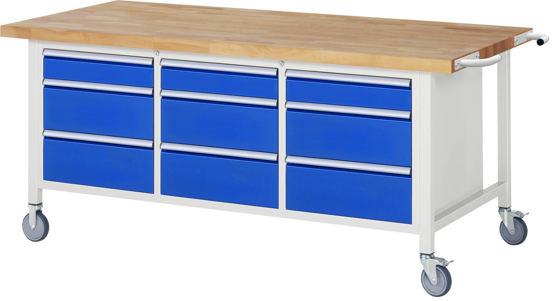 Fahrbare Werkbank Modell 8573, BxTxH 2000x900x880-1080 mm, Buche-Massiv Arbeitsplatte 40 mm, 9 Schubladen mit Vollau-0