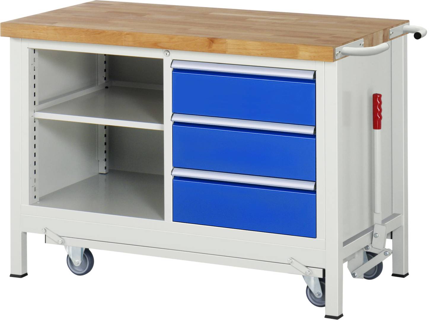 Absenkbare Werkbank Modell 8462, BxTxH 1250x700x880 mm, Buche-Massiv Arbeitsplatte 40 mm, 3 Schubladen mit Auszug 90