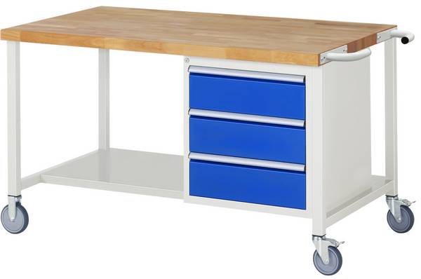 Fahrbare Werkbank Modell 8157,  BxTxH 1500x900x880 mm,  Buche-Massiv Arbeitsplatte 40 mm,  3 Schubladen mit  Auszug 90 %