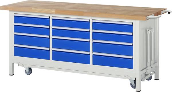 Absenkbare Werkbank Modell 8579,  BxTxH 2000x700x880 mm,  Buche-Massiv Arbeitsplatte 40 mm,  12 Schubladen mit  Auszug 9