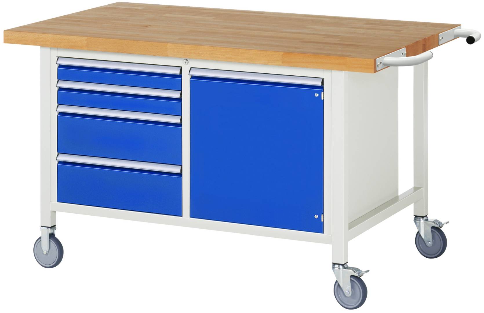 Fahrbare Werkbank Modell 8470, BxTxH 1500x900x880-1080 mm, Buche-Massiv Arbeitsplatte 40 mm, 4 Schubladen mit Vollau-0