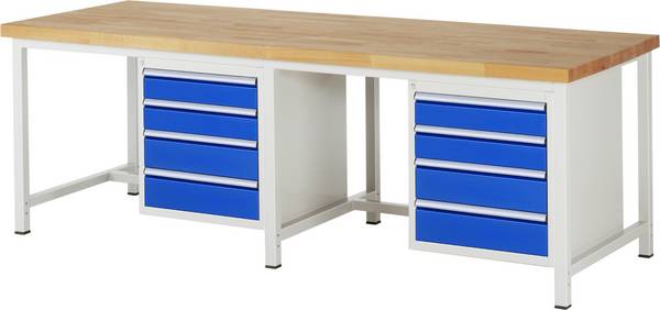 Werkbank Modell 8162,  BxTxH 2500x900x840 mm,  Buche-Massiv Arbeitsplatte 40 mm,  8 Schubladen mit  Auszug 90 %