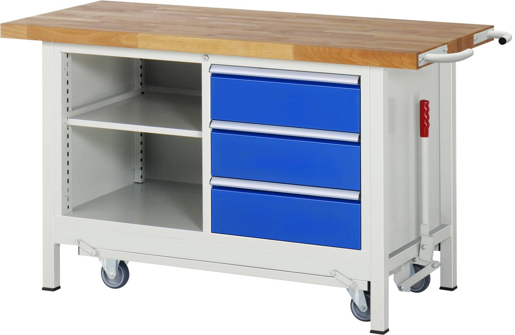 Absenkbare Werkbank Modell 8462, BxTxH 1500x700x880 mm, Buche-Massiv Arbeitsplatte 40 mm, 3 Schubladen mit Auszug 90
