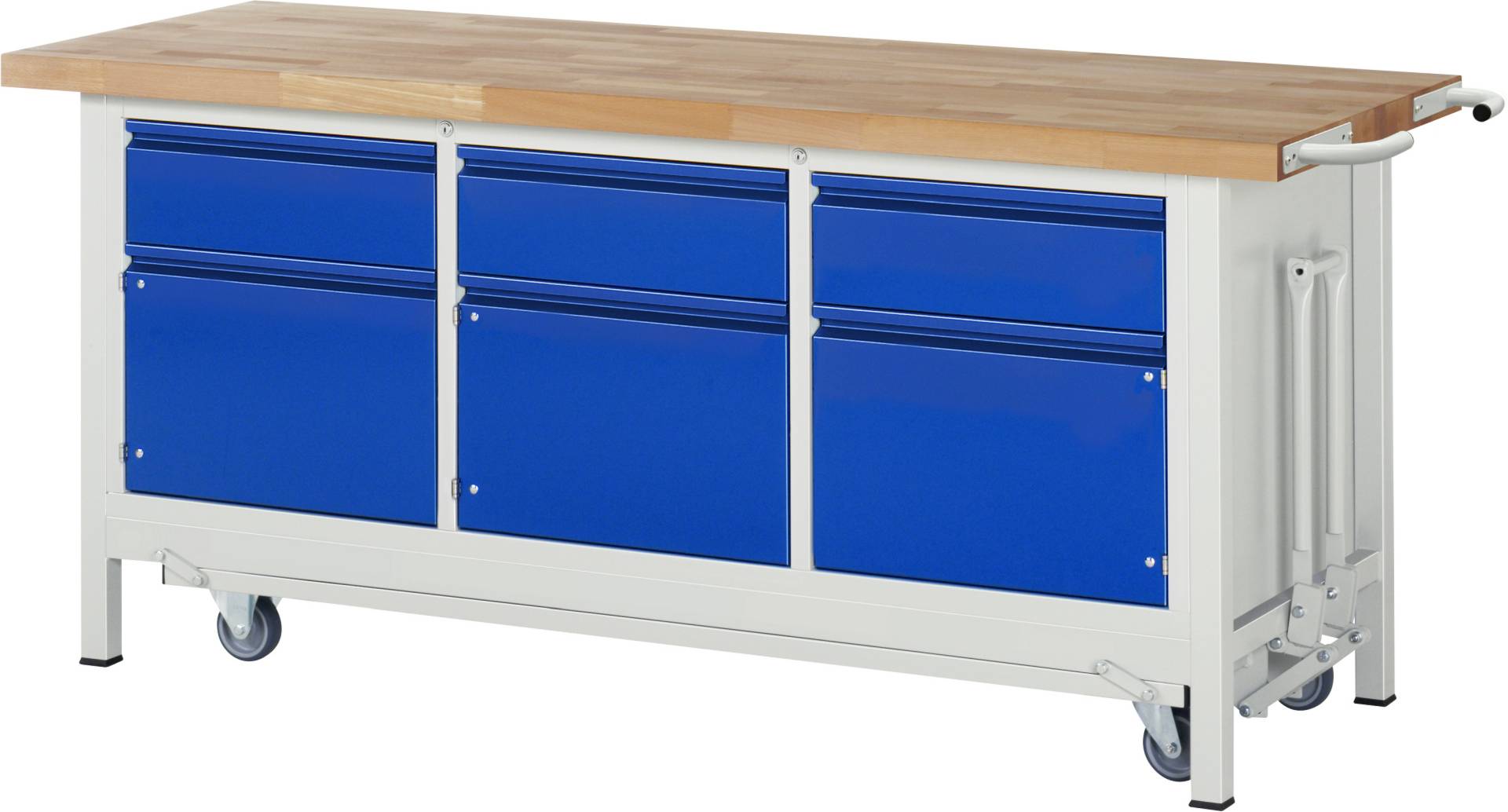 Absenkbare Werkbank - Modell 8567 BASIC, BxTxH 2000x700x880 mm, Buche-Massiv Arbeitsplatte 40 mm, 3 Schubladen mit A-0