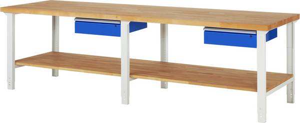 Werkbank Modell 7001,  BxTxH 3000x900x790-1140 mm,  Buche-Massiv Arbeitsplatte 40 mm,  2 Schubladen mit  Auszug 90 %