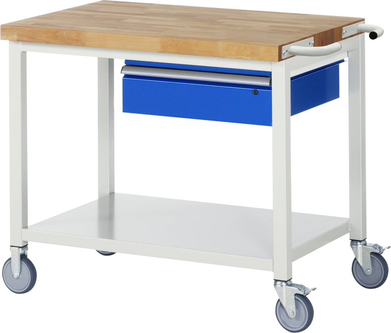 Fahrbare Werkbank Modell 8001, BxTxH 1000x700x880-1080 mm, Buche-Massiv Arbeitsplatte 40 mm, 1 Schublade mit Auszug-0
