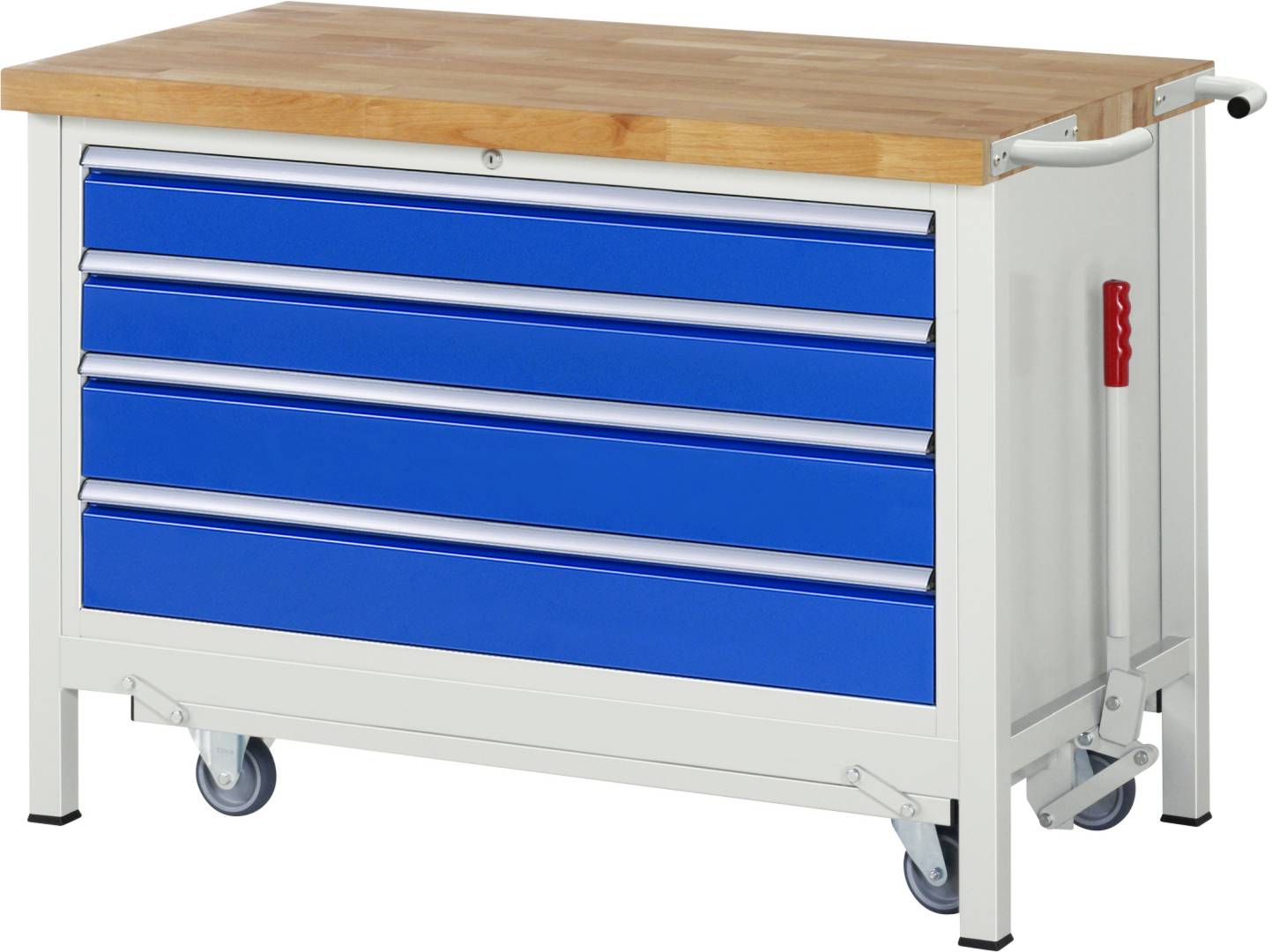 Absenkbare Werkbank Modell 8362, BxTxH 1250x700x880 mm, Buche-Massiv Arbeitsplatte 40 mm, 4 Schubladen mit Vollauszu-0