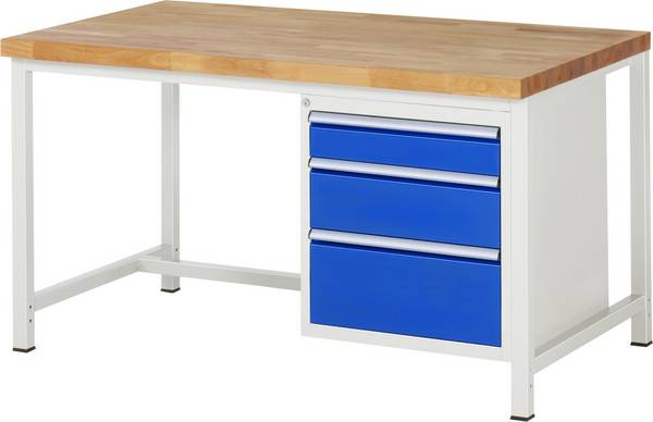 Werkbank Modell 8159,  BxTxH 1500x900x840-1040 mm,  Buche-Massiv Arbeitsplatte 40 mm,  3 Schubladen mit  Auszug 90 %