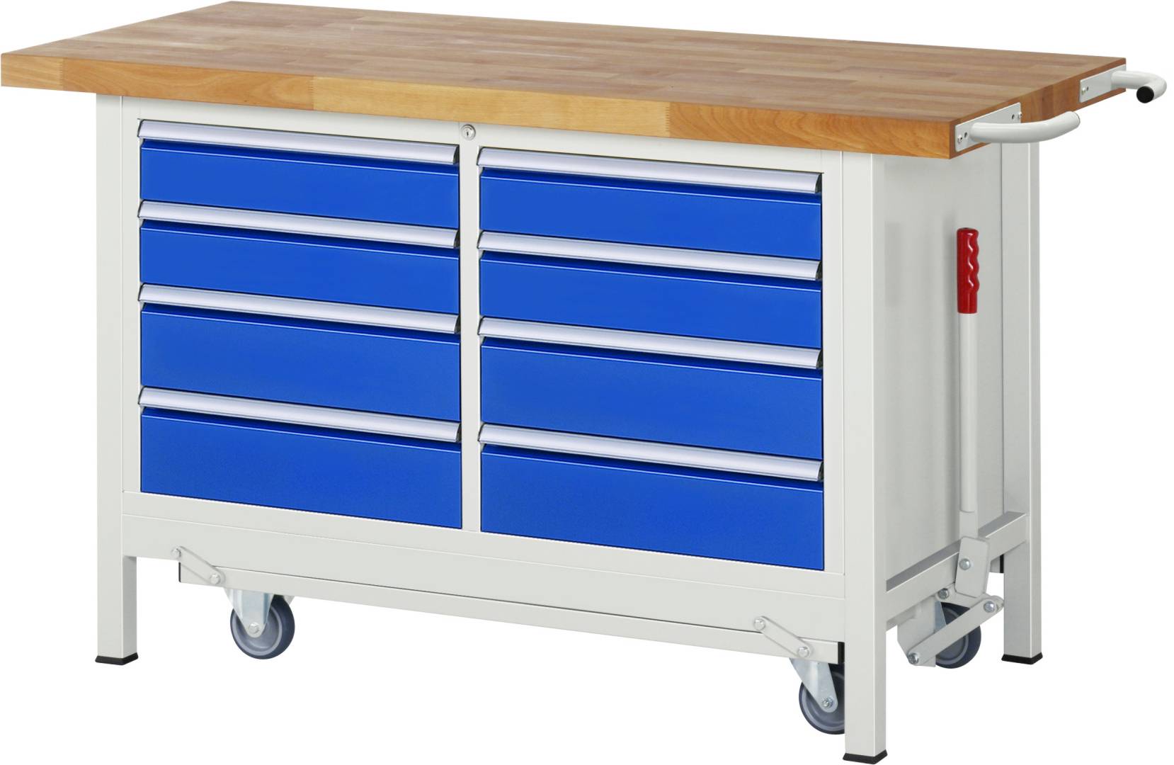 Absenkbare Werkbank Modell 8477, BxTxH 1500x700x880 mm, Buche-Massiv Arbeitsplatte 40 mm, 8 Schubladen mit Auszug 90