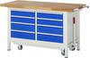Absenkbare Werkbank Modell 8477, BxTxH 1500x700x880 mm, Buche-Massiv Arbeitsplatte 40 mm, 8 Schubladen mit Auszug 90