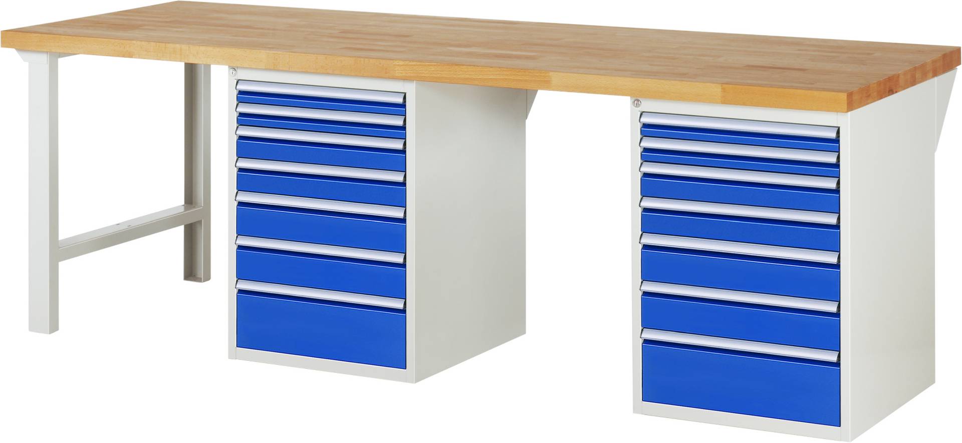 Werkbank Modell 7517, BxTxH 2500x900x890 mm, Buche-Massiv Arbeitsplatte 40 mm, 14 Schubladen mit Auszug 90 %-0