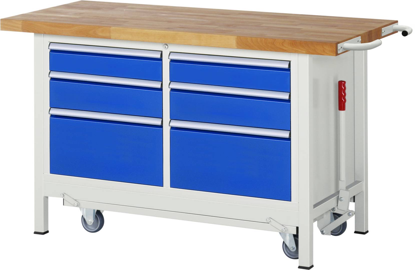 Absenkbare Werkbank Modell 8475, BxTxH 1500x700x880 mm, Buche-Massiv Arbeitsplatte 40 mm, 6 Schubladen mit Auszug 90