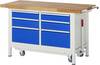 Absenkbare Werkbank Modell 8475, BxTxH 1500x700x880 mm, Buche-Massiv Arbeitsplatte 40 mm, 6 Schubladen mit Auszug 90