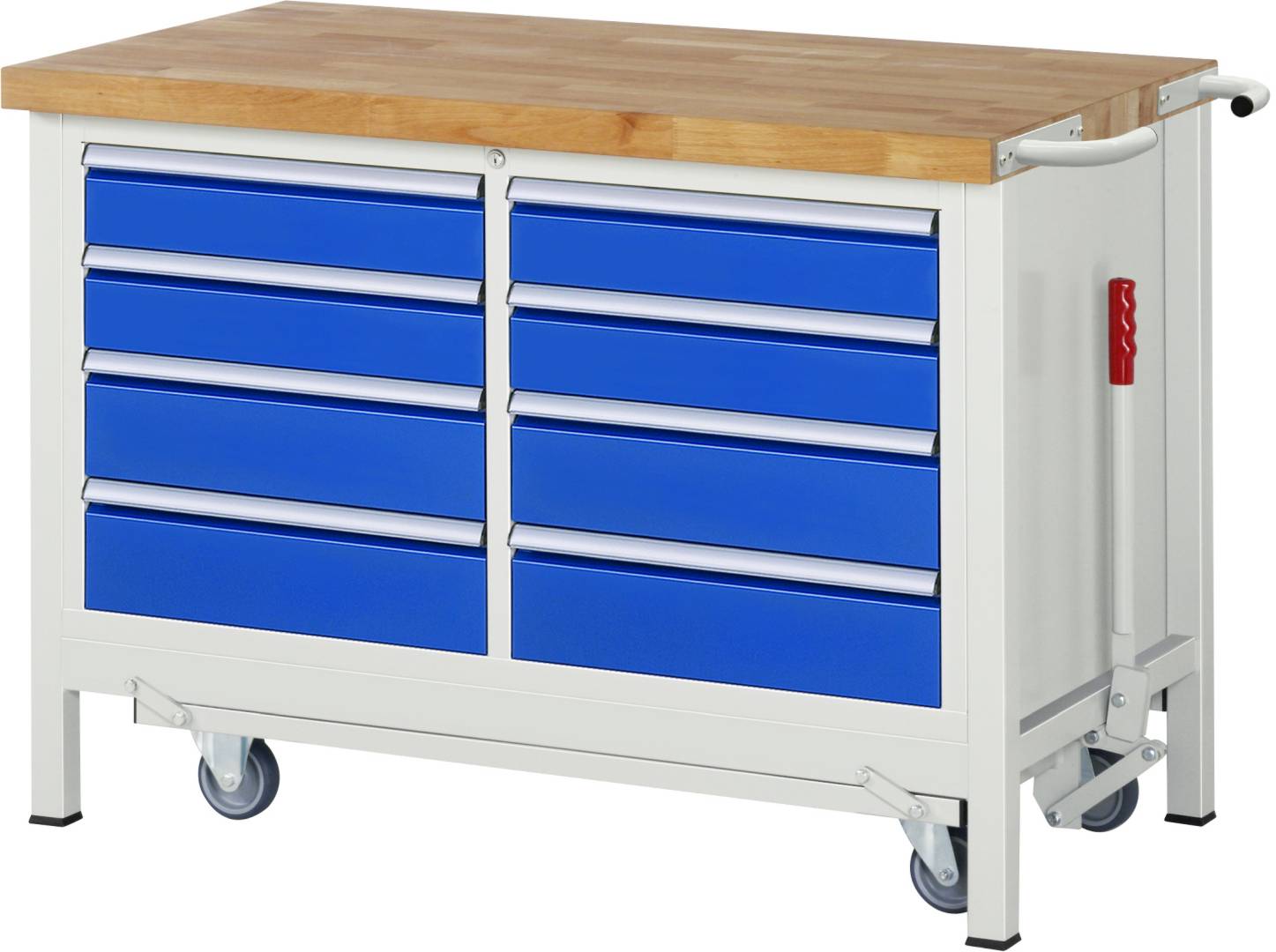 Absenkbare Werkbank Modell 8477, BxTxH 1250x700x880 mm, Buche-Massiv Arbeitsplatte 40 mm, 8 Schubladen mit Auszug 90