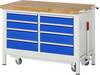 Absenkbare Werkbank Modell 8477, BxTxH 1250x700x880 mm, Buche-Massiv Arbeitsplatte 40 mm, 8 Schubladen mit Auszug 90