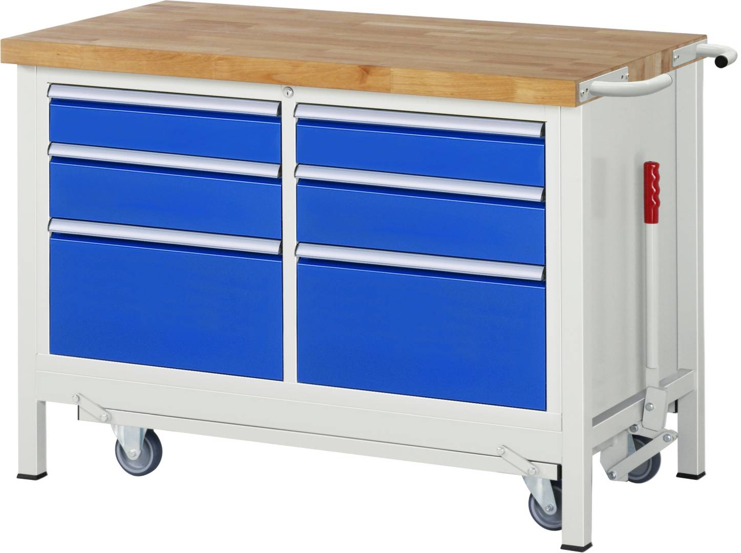 Absenkbare Werkbank Modell 8475, BxTxH 1250x700x880 mm, Buche-Massiv Arbeitsplatte 40 mm, 6 Schubladen mit Auszug 90