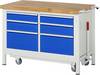 Absenkbare Werkbank Modell 8475, BxTxH 1250x700x880 mm, Buche-Massiv Arbeitsplatte 40 mm, 6 Schubladen mit Auszug 90