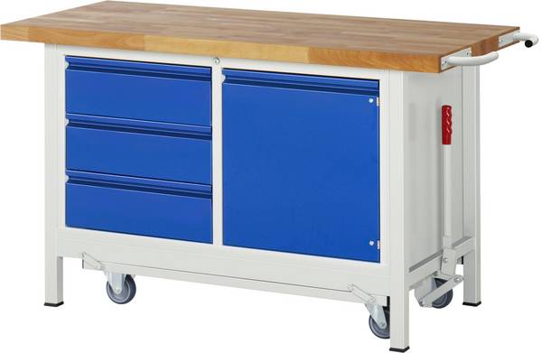 Absenkbare Werkbank - Modell 8468 BASIC, BxTxH 1500x700x880 mm, Buche-Massiv Arbeitsplatte 40 mm, 3 Schubladen mit A
