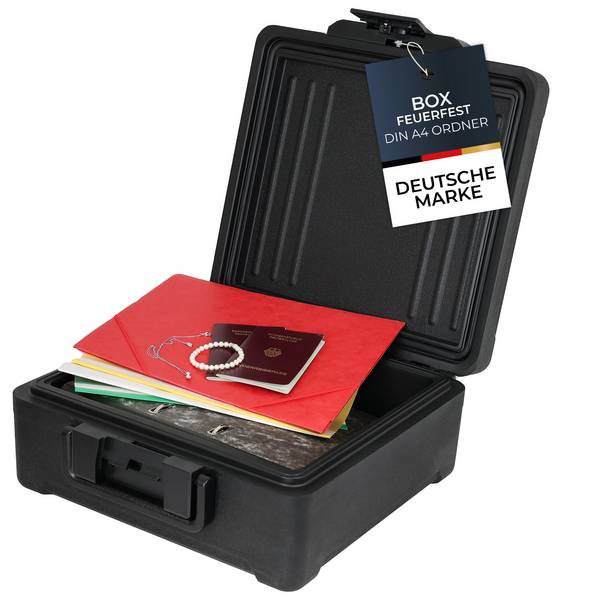 HMF Feuerfeste Dokumentenbox DIN A4 Ordner, wasserdichte Geldkassette abschließbar, 39 x 40 x 17 cm, Schwarz