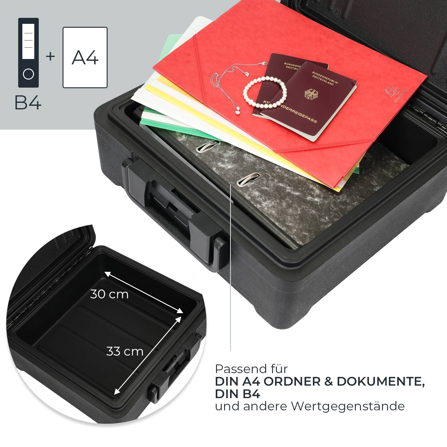 HMF Feuerfeste Dokumentenbox DIN A4 Ordner, wasserdichte Geldkassette abschließbar, 39 x 40 x 17 cm, Schwarz-2