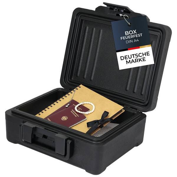 HMF Feuerfeste Dokumentenbox DIN A4, wasserdichte Geldkassette abschließbar, 36,5 x 32 x 15,5 cm, Schwarz