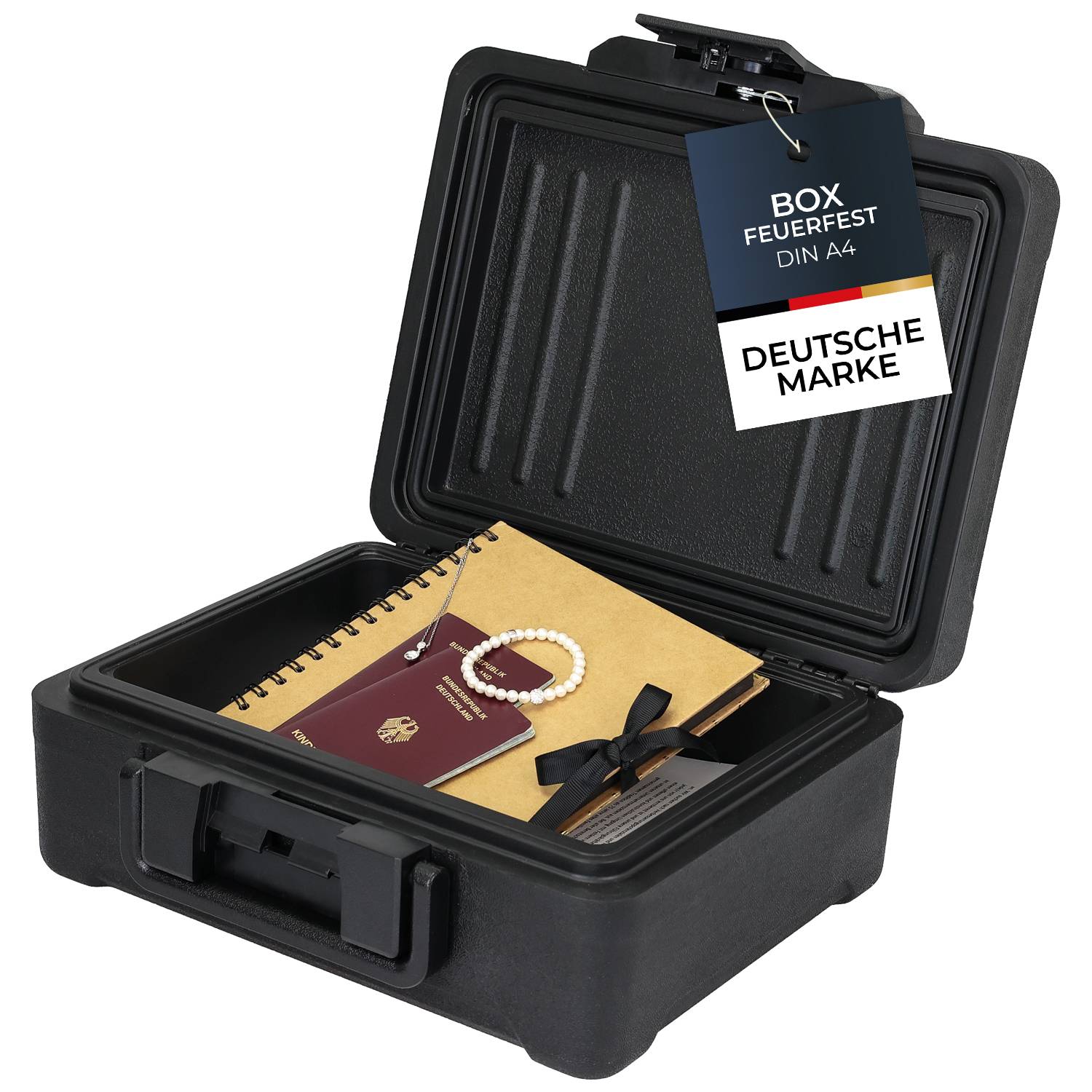 HMF Feuerfeste Dokumentenbox DIN A4, wasserdichte Geldkassette abschließbar, 36,5 x 32 x 15,5 cm, Schwarz-0