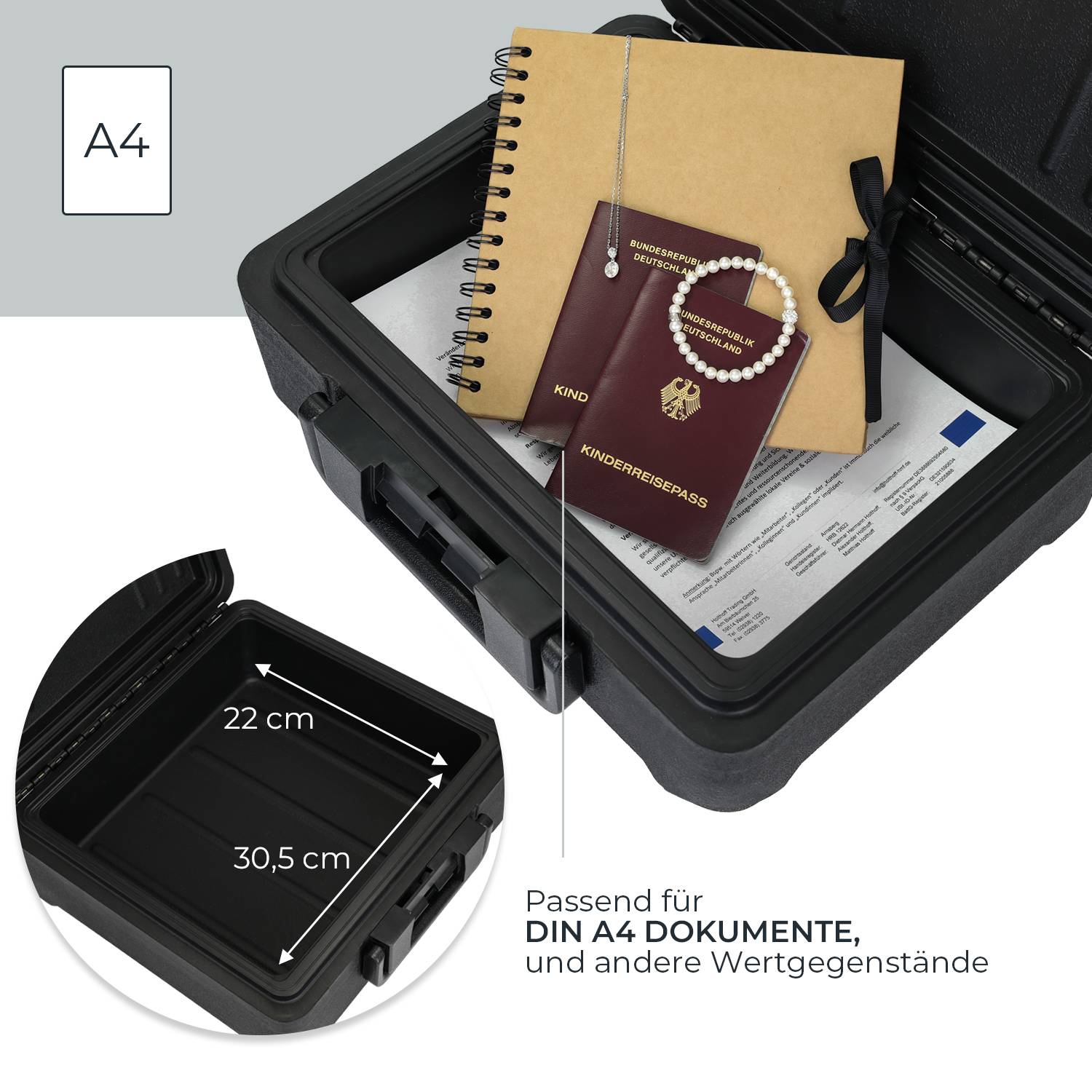 HMF Feuerfeste Dokumentenbox DIN A4, wasserdichte Geldkassette abschließbar, 36,5 x 32 x 15,5 cm, Schwarz-2