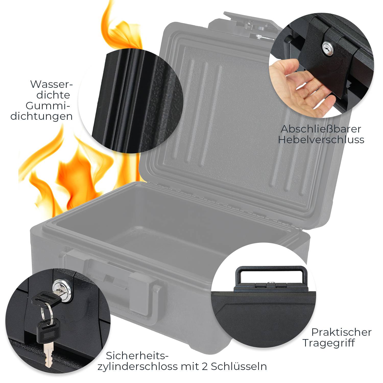 HMF Feuerfeste Dokumentenbox DIN A4, wasserdichte Geldkassette abschließbar, 36,5 x 32 x 15,5 cm, Schwarz-3