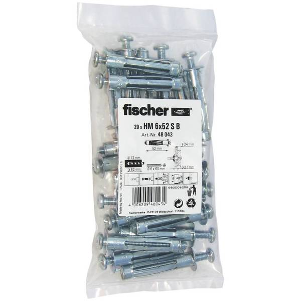 fischer 48043, Schrauben- & Dübelsatz, Gipsfaserplatten, Gipskarton, Metall, 1,2 cm, 52 mm, 1,2 cm
