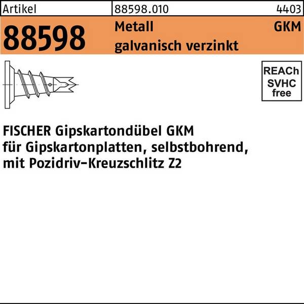 Gipskartondübel R 88598 5,0x31 Metall galv.verz. 100 Stück FISCHER