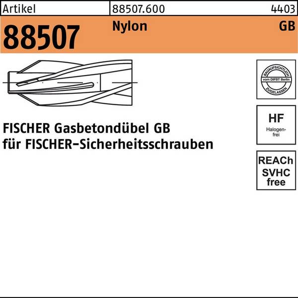 Gasbetondübel R 88507 GB 10x 55/7 Nylon 20Stück FISCHER