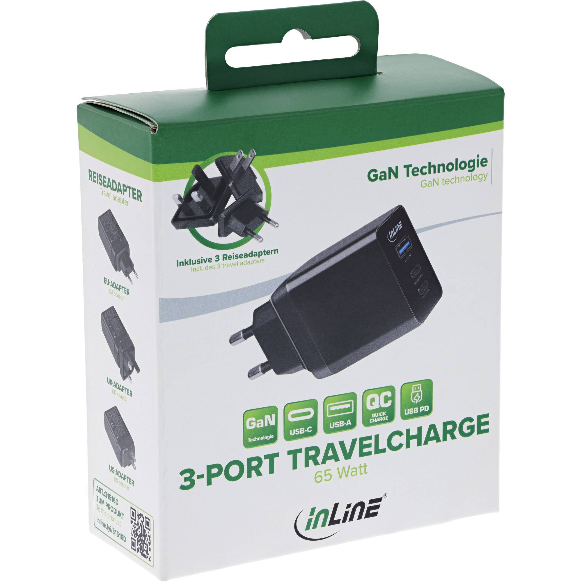 InLine® 3-Port TravelCharge, 65W USB-Netzteil, 2x USB-C, 1x USB-A, EU/UK/US-4