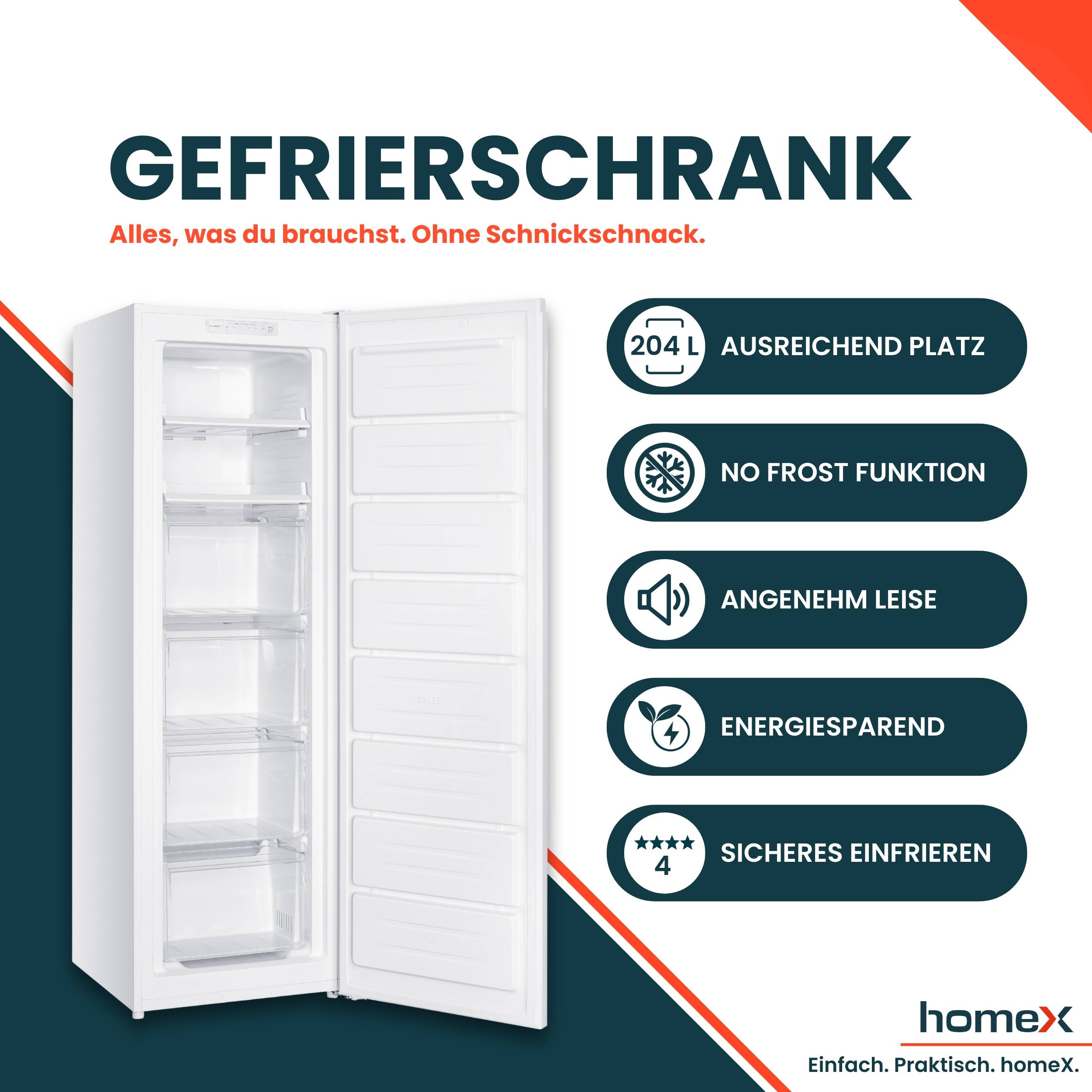 homeX Gefrierschrank No Frost, Tiefkühlschrank groß - 204 Liter, 4-Sterne Gefrieren, Super-Frost-Funktion, FSN2041E-W-1
