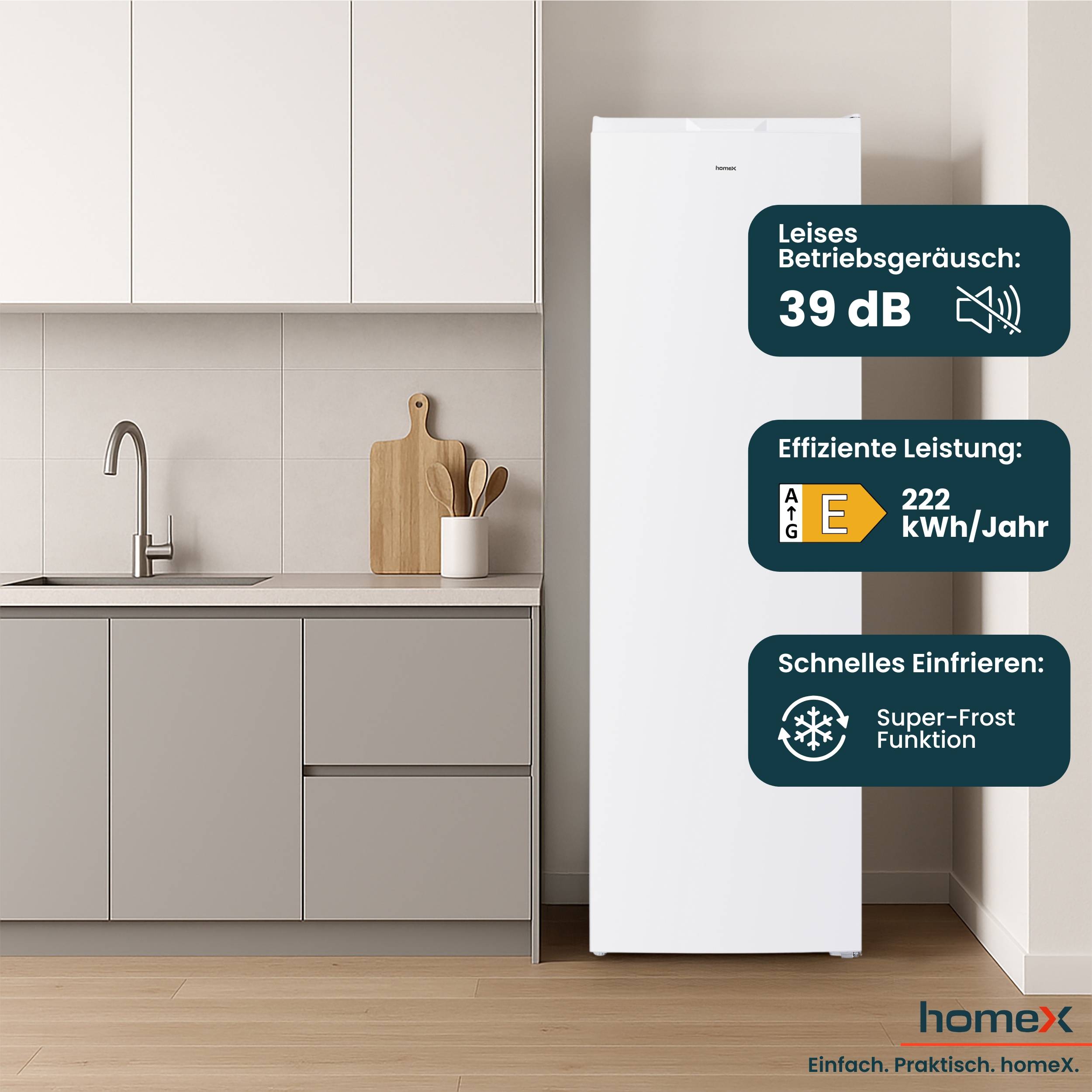 homeX Gefrierschrank No Frost, Tiefkühlschrank groß - 204 Liter, 4-Sterne Gefrieren, Super-Frost-Funktion, FSN2041E-W-3