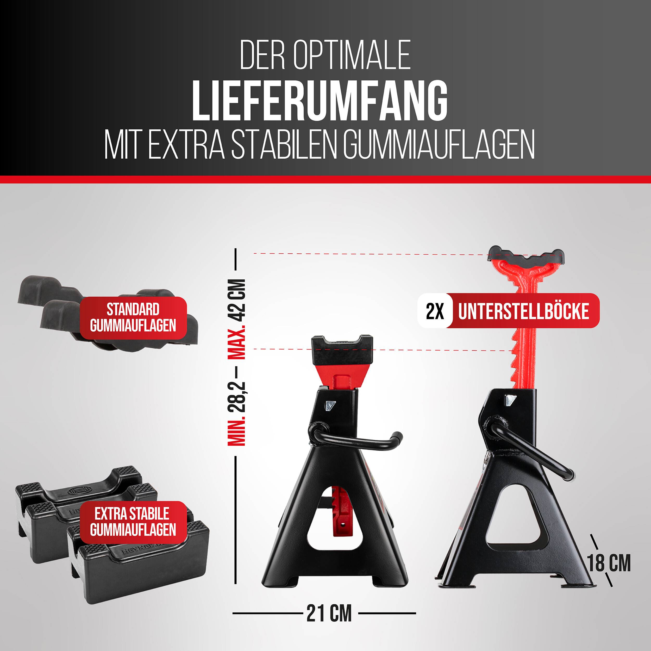 HEYNER® Unterstellbock 3 t, 2er Set mit Gummiauflage, Hubhöhe 290-440 mm verstärkter Stützbock mit 3 t Traglast &-3
