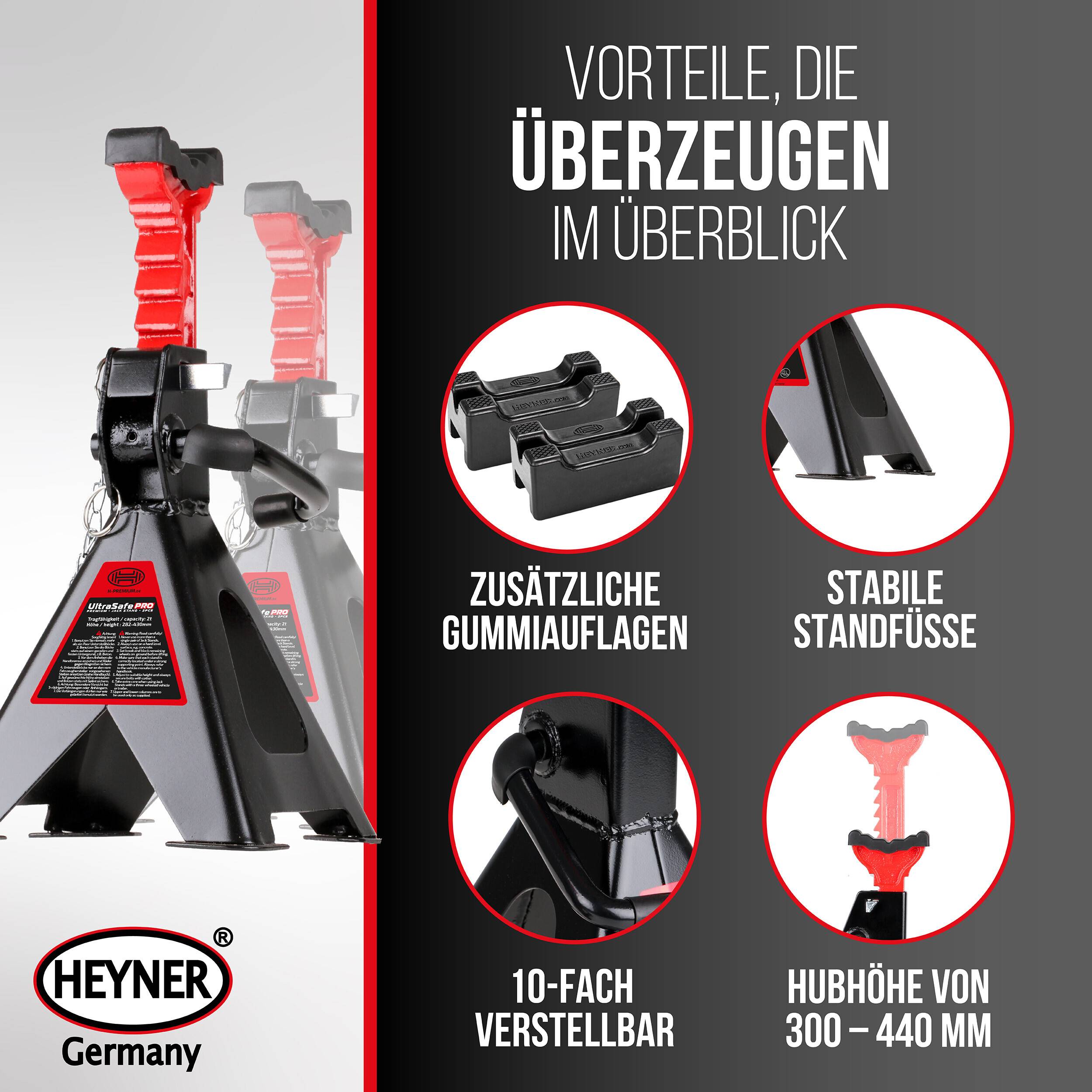 HEYNER® Unterstellbock 3 t, 2er Set mit Gummiauflage, Hubhöhe 290-440 mm verstärkter Stützbock mit 3 t Traglast &-4