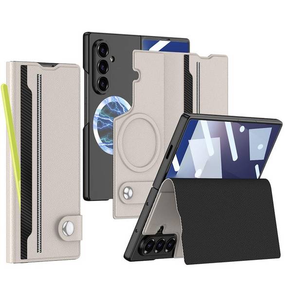 Für Samsung Galaxy Z Fold7 GKK MagSafe Full Cover Split Flip Leder Hülle Beige