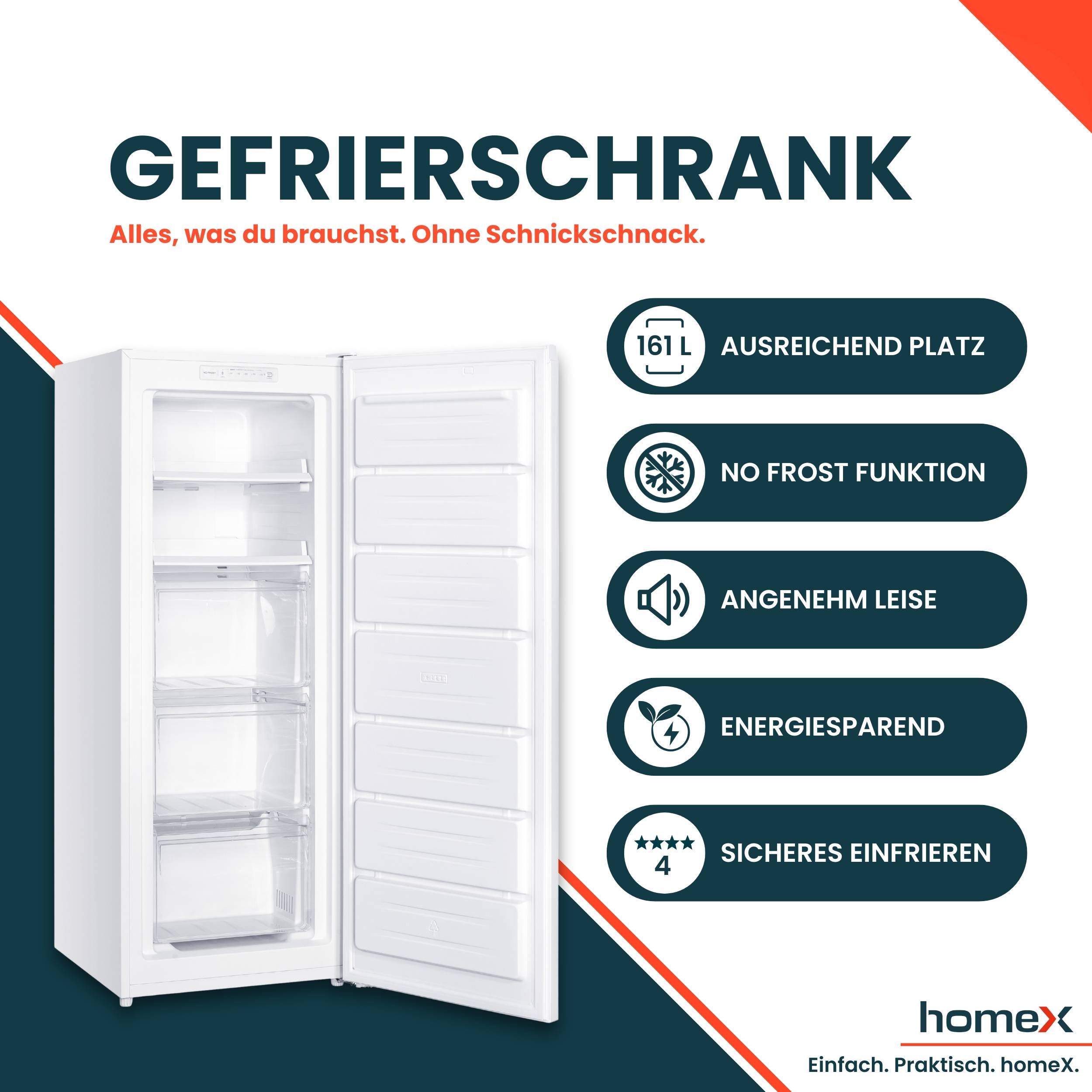 homeX Gefrierschrank No Frost, Tiefkühlschrank groß - 161 Liter, 4-Sterne Gefrieren, Super-Frost-Funktion, FSN1611E-W-1