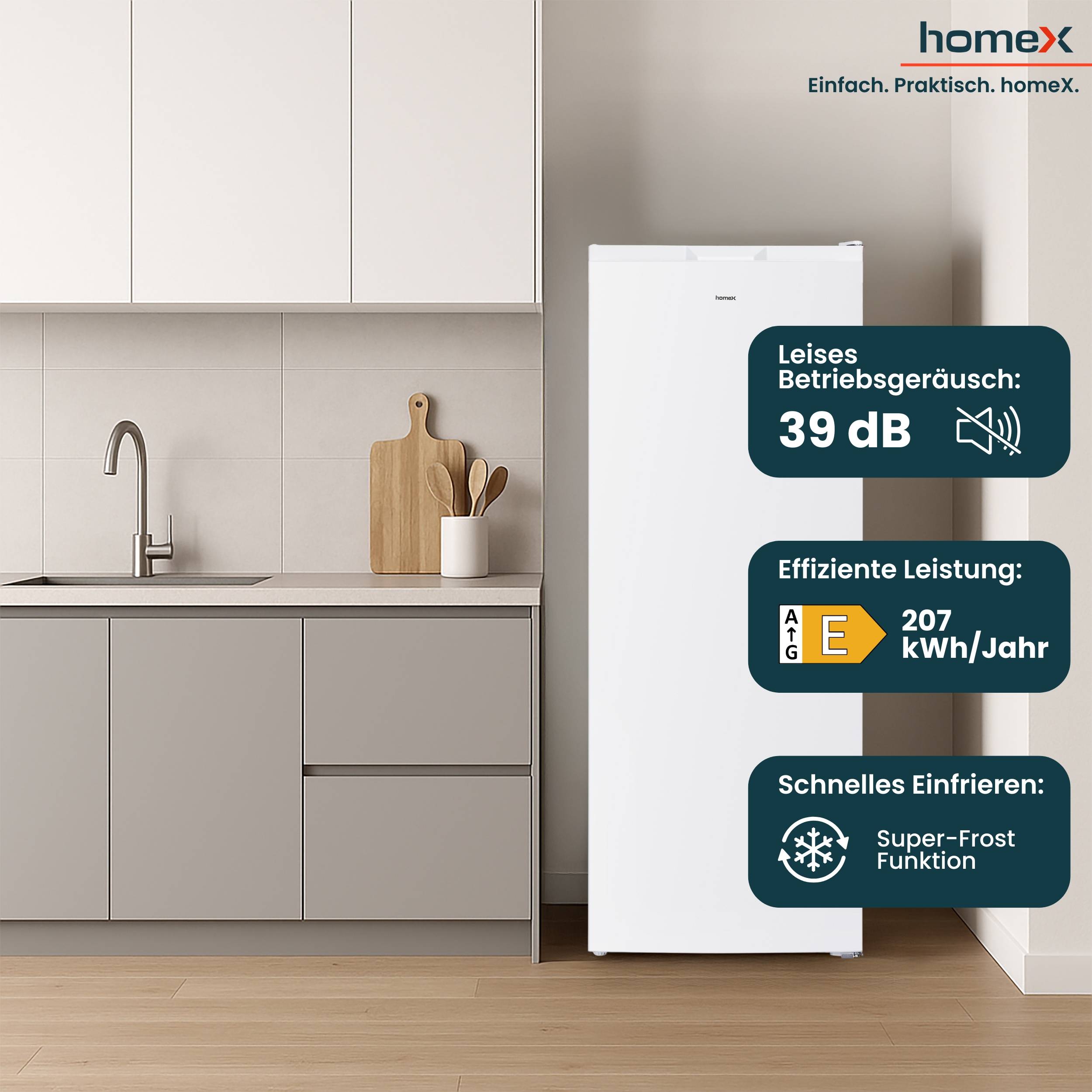 homeX Gefrierschrank No Frost, Tiefkühlschrank groß - 161 Liter, 4-Sterne Gefrieren, Super-Frost-Funktion, FSN1611E-W-3