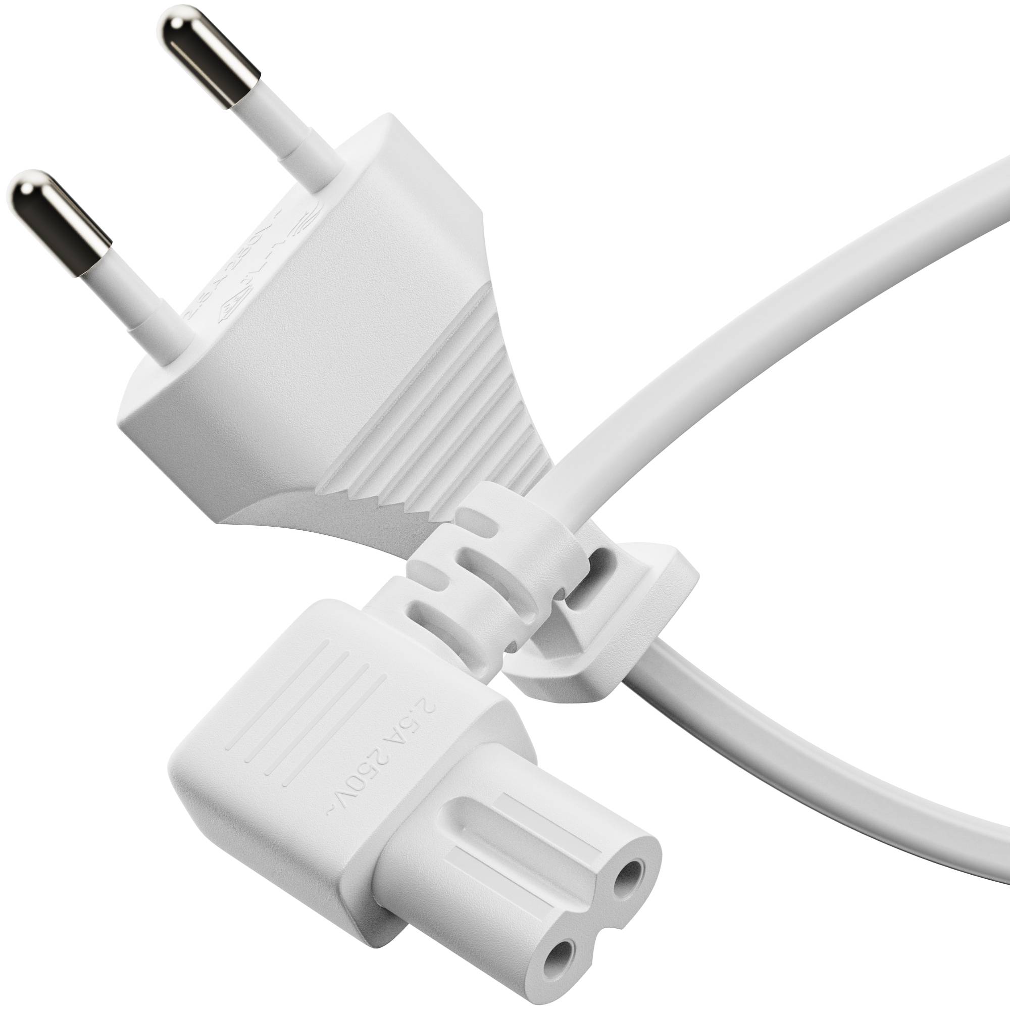Netzkabel - Eurostecker gerade auf IEC-Buchse 90°. Weiß. 2.00m-0