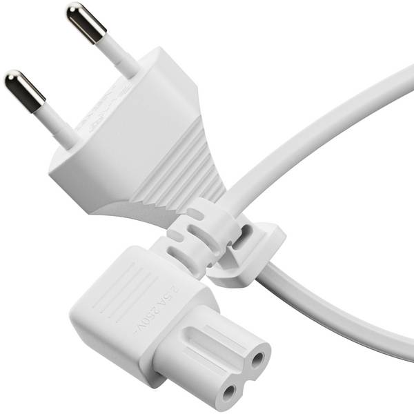 Netzkabel - Eurostecker gerade auf IEC-Buchse 90°. Weiß. 2.00m