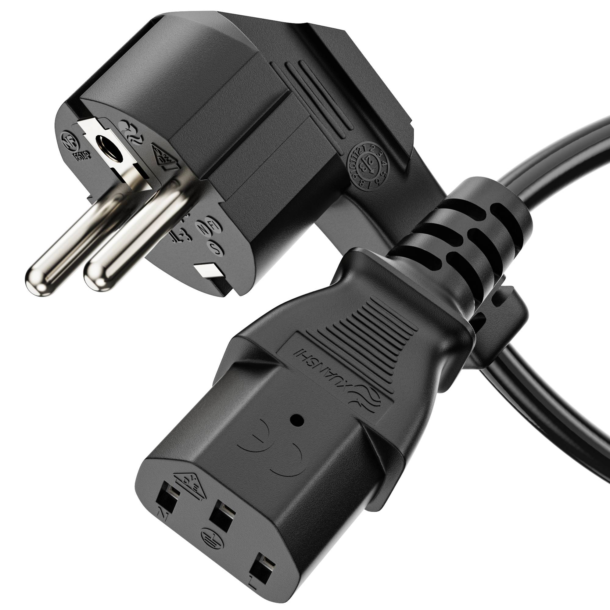 Netzkabel - Sicherheitsstecker 90° auf IEC-Buchse (C13) gerade. Schwarz. 7.50m-0