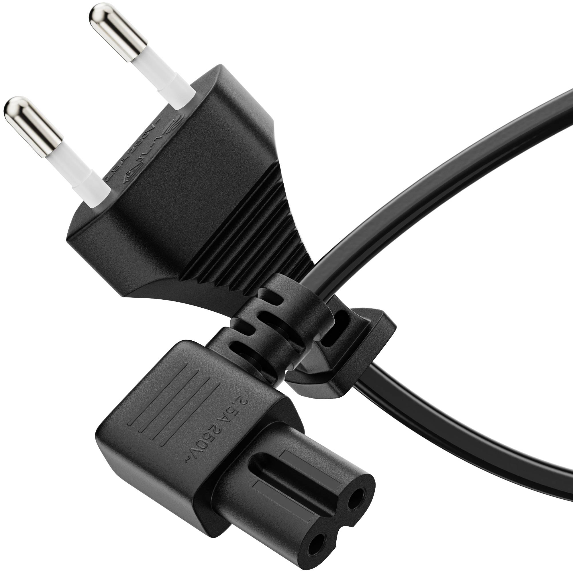Netzkabel - Eurostecker gerade auf IEC-Buchse 90°. Schwarz. 1.50m-0