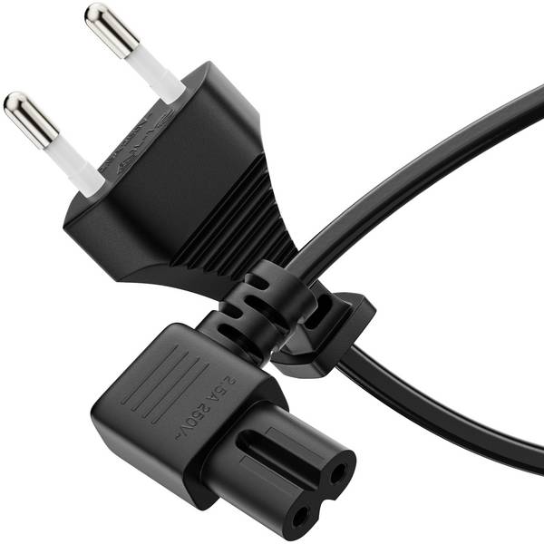 Netzkabel - Eurostecker gerade auf IEC-Buchse 90°. Schwarz. 1.50m
