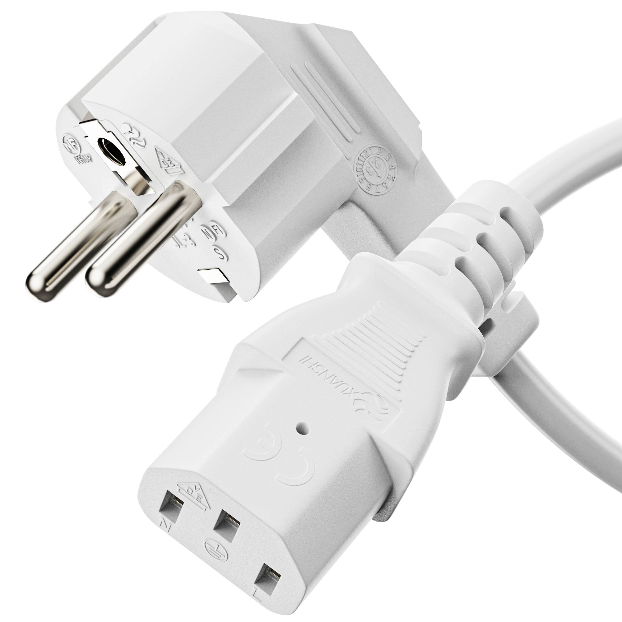 Netzkabel - Sicherheitsstecker 90° auf IEC-Buchse (C13) gerade. Weiß. 10.0m-0