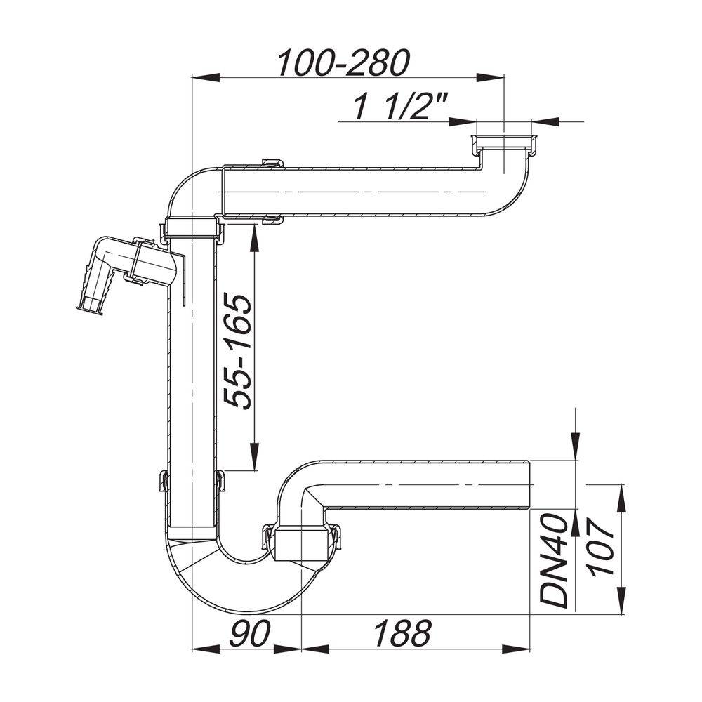 Dallmer Raumsparsiphon 121, 1 1/2" x DN 40, PP, 040213-1